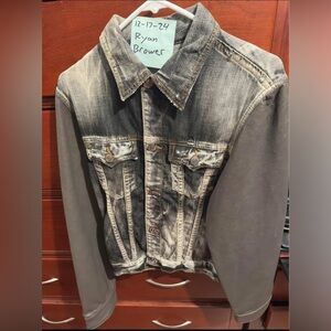 True Religion grey tie dye denim jacket with leather sleeves men’s small